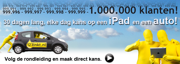 123inkt.nl - 1.000.000 unieke klanten, Bedankt! 30 dagen lang, elke dag kans op een iPad en een auto!