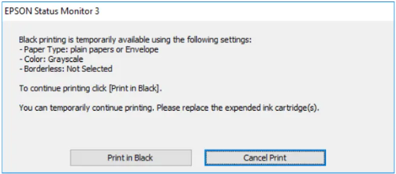 Screenshot van een venster voor bevestiging om tijdelijk met zwarte inkt af te drukken