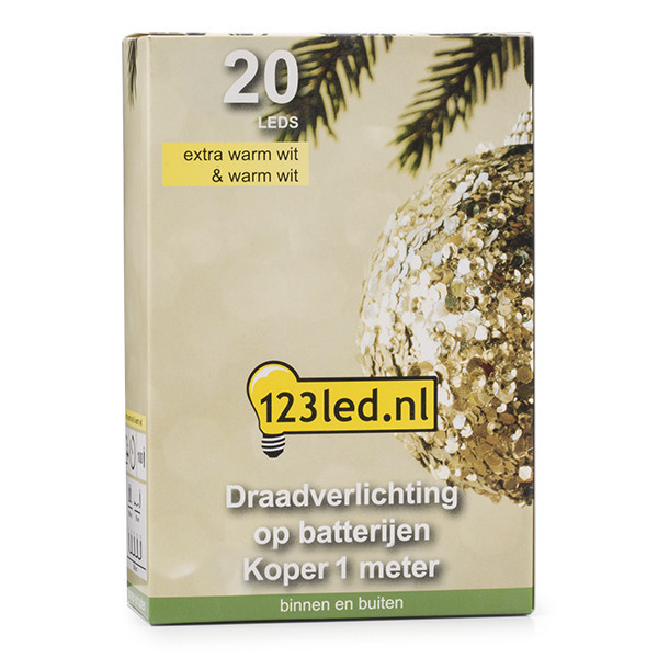 123led draadverlichting op batterijen 1 meter extra warm wit & warm wit 20 lampjes koper LDR07276 - 5