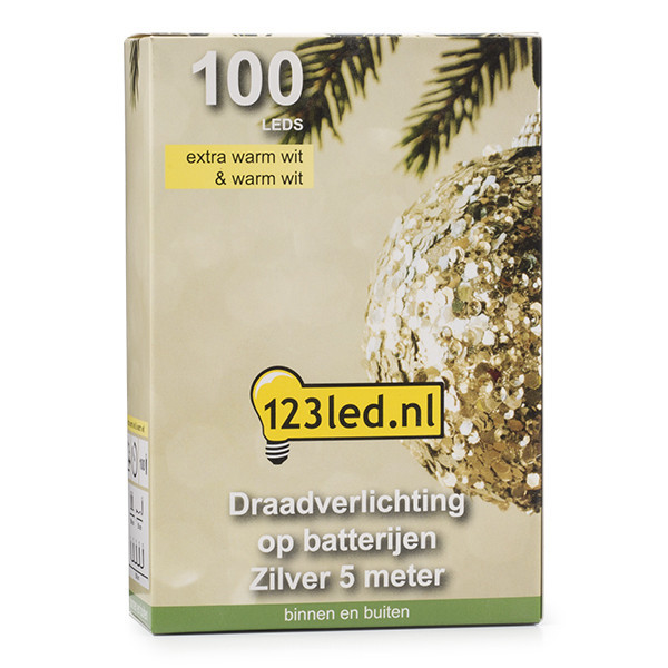 123led draadverlichting op batterijen 5 meter extra warm wit & warm wit 100 lampjes zilver LDR07281 - 5