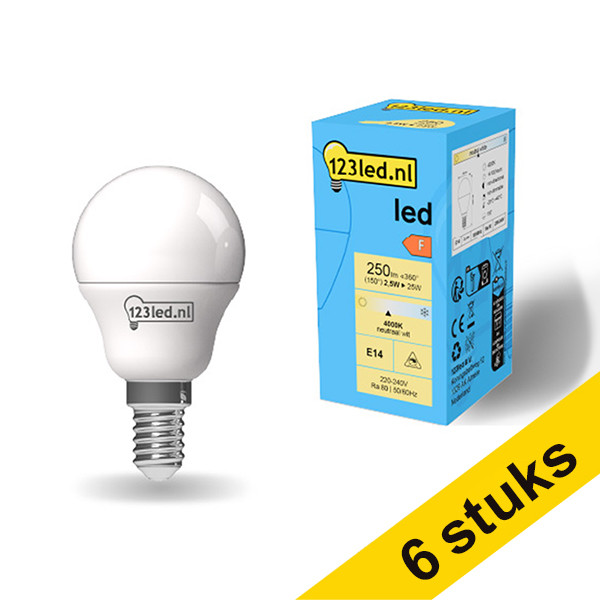 Aanbieding: 6x 123led E14 led-lamp kogel mat 4000K 2.5W (25W) LDR01899 - 1