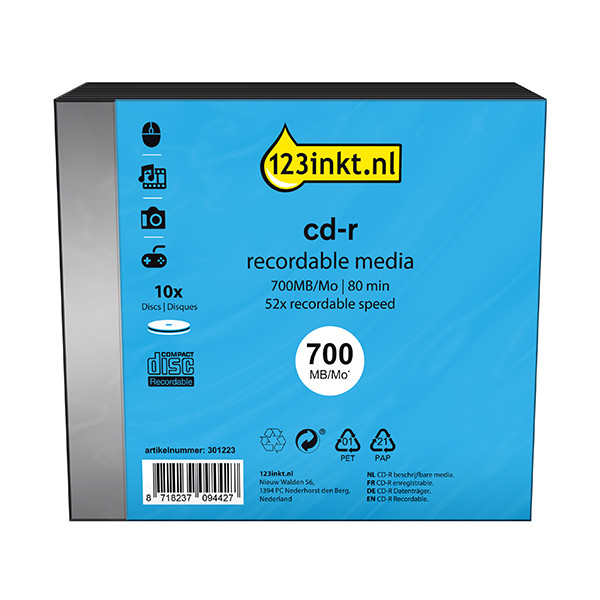 123inkt cd-r 80 min. 10 stuks in slimline doosjes CR7D5NB10/00C CR7D5NS10/00C 301223 - 1