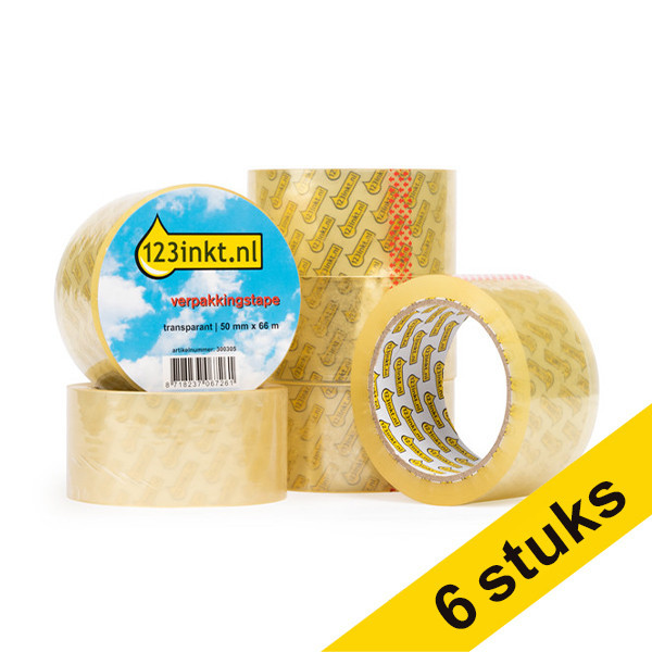 123inkt extra sterke verpakkingstape transparant 50 mm x 66 m (6 rollen) 302886 - 1