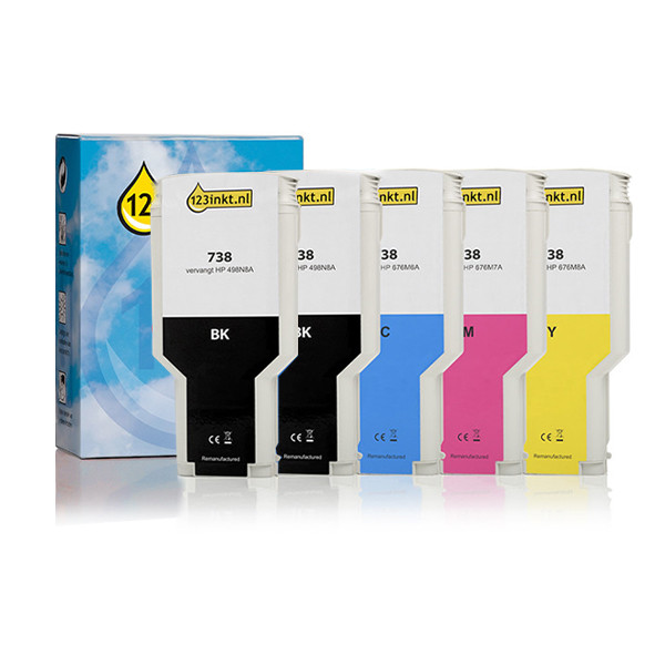123inkt huismerk vervangt HP 738 multipack hoge capaciteit 2x zwart + 3 kleuren  160737 - 1