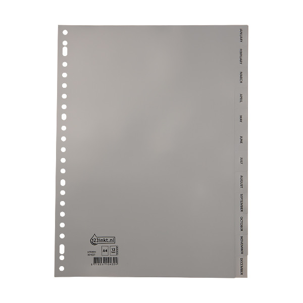 123inkt plastic indexen A4 grijs met 12 tabs maanden (23-gaats) G412JC 301627 - 1