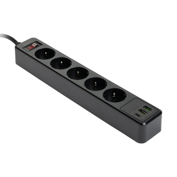 123inkt stekkerdoos met 5 stopcontacten en 3 USB zwart (2 meter) 390029 - 1