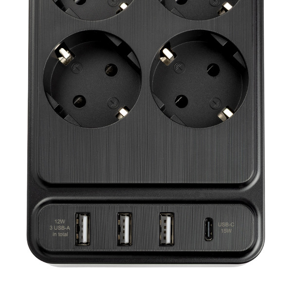 123inkt stekkerdoos met 6 stopcontacten en 4 USB zwart (2 meter) 390030 - 3