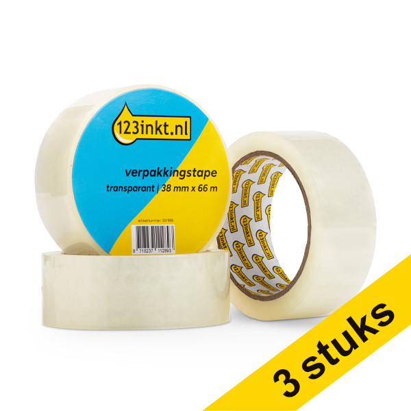 123inkt verpakkingstape transparant 38 mm x 66 m (3 rollen) TPS3C 301987 - 1