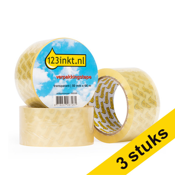 123inkt verpakkingstape transparant 50 mm x 66 m (3 rollen) 300340 - 1
