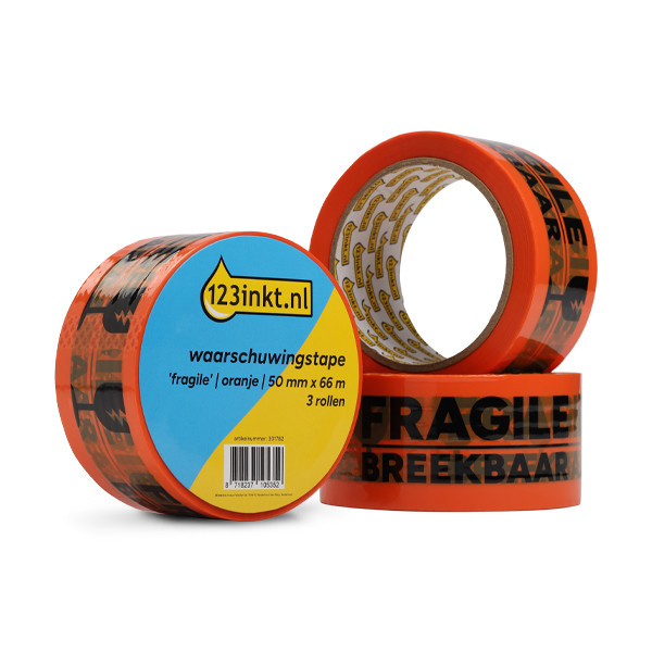 123inkt waarschuwingstape 'Fragile' oranje 50 mm x 66 m (3 rollen) 200.130C 301782 - 1