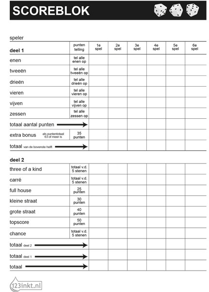 onderwijzen ruimte Stoffig 123inkt yahtzee scoreblok 105 x 148 mm (100 vel) 123inkt 123inkt.nl