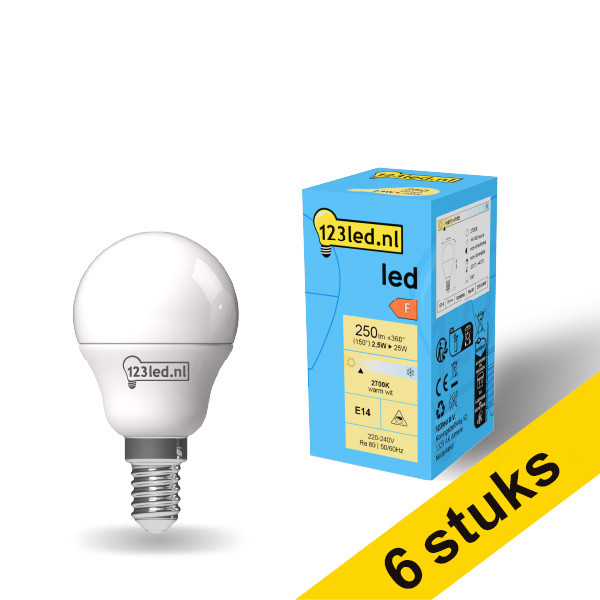 Aanbieding: 6x 123led E14 led-lamp kogel mat 2700K 2.5W (25W) LDR01897 - 1