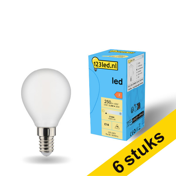 Aanbieding: 6x 123led E14 led-lamp kogel mat dimbaar 2700K 2.5W (25W) LDR01909 - 1