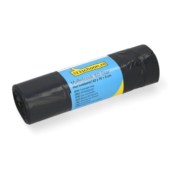 123schoon vuilniszakken met trekband zwart 60 liter (15 stuks) SDR07371 - 1
