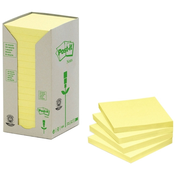 3M Post-it gerecyclede notes toren geel 76 x 76 mm (16 pack) 654-1T 201390 - 1