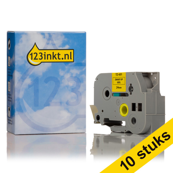 Aanbieding: 10x 123inkt huismerk vervangt Brother TZe-651 tape zwart op geel 24 mm  650544 - 1