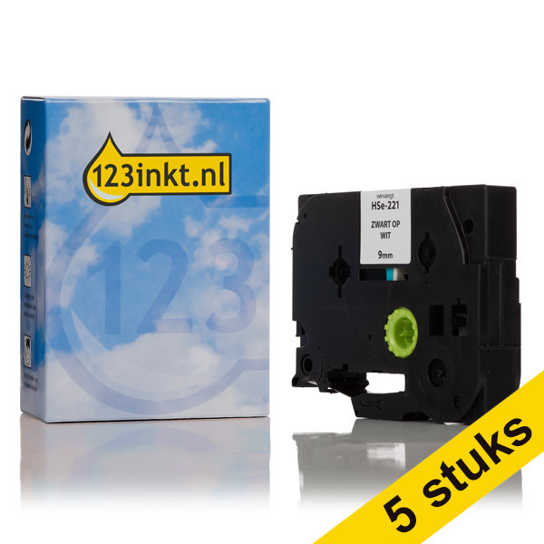 Aanbieding: 123inkt huismerk vervangt 5x Brother HSe-221 krimpkous tape zwart op wit 9 mm HSe221C 650665 - 1