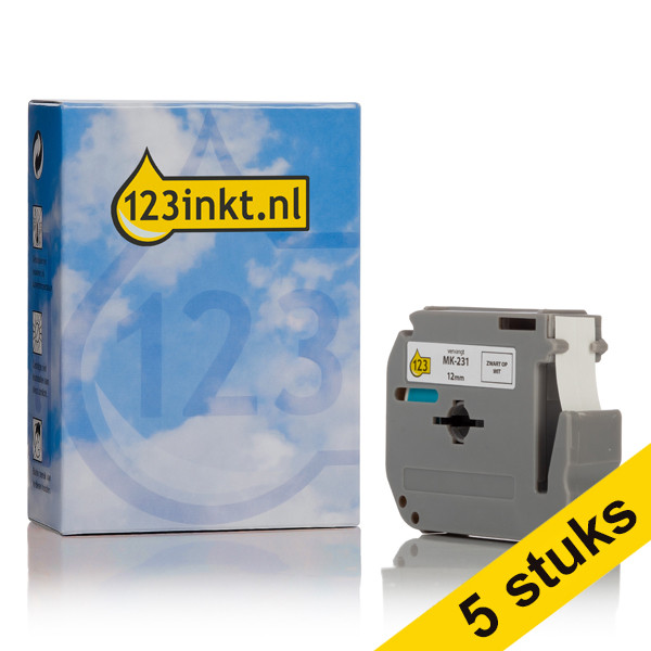 Aanbieding: 123inkt huismerk vervangt 5x Brother M-K231BZ niet-gelamineerde tape zwart op wit 12 mm  650550 - 1