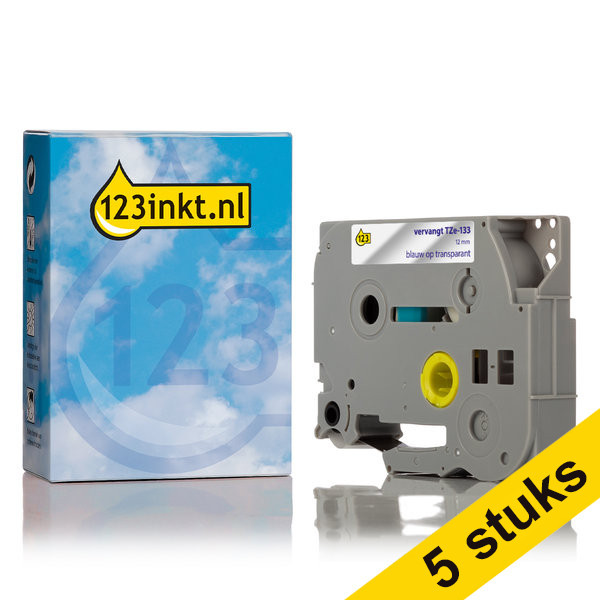 Aanbieding: 123inkt huismerk vervangt 5x Brother TZe-133 tape blauw op transparant 12 mm  650708 - 1