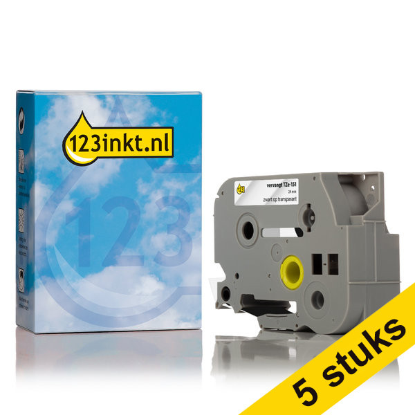 Aanbieding: 123inkt huismerk vervangt 5x Brother TZe-151 tape zwart op transparant 24 mm TZe151C 650635 - 1