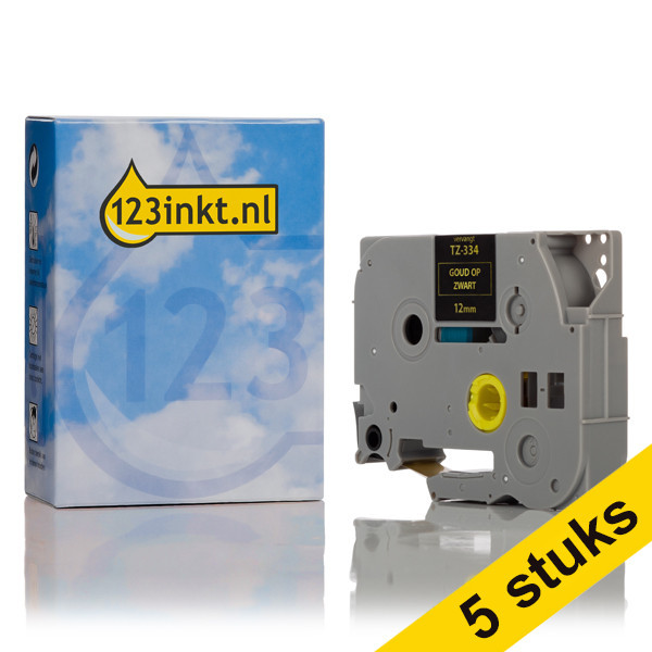 Aanbieding: 123inkt huismerk vervangt 5x Brother TZe-334 tape goud op zwart 12 mm TZe334C 650651 - 1