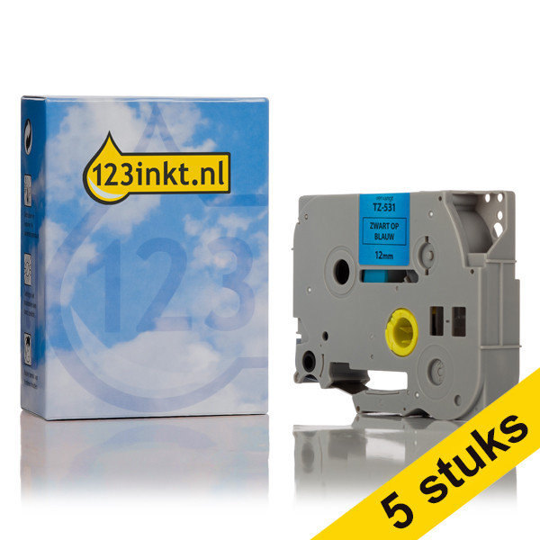 Aanbieding: 123inkt huismerk vervangt 5x Brother TZe-531 tape zwart op blauw 12 mm  650660 - 1