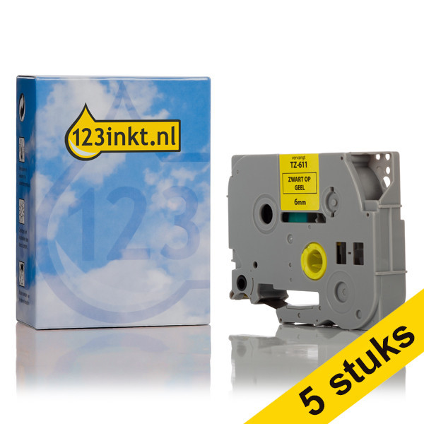 Aanbieding: 123inkt huismerk vervangt 5x Brother TZe-611 tape zwart op geel 6 mm TZe611C 650649 - 1