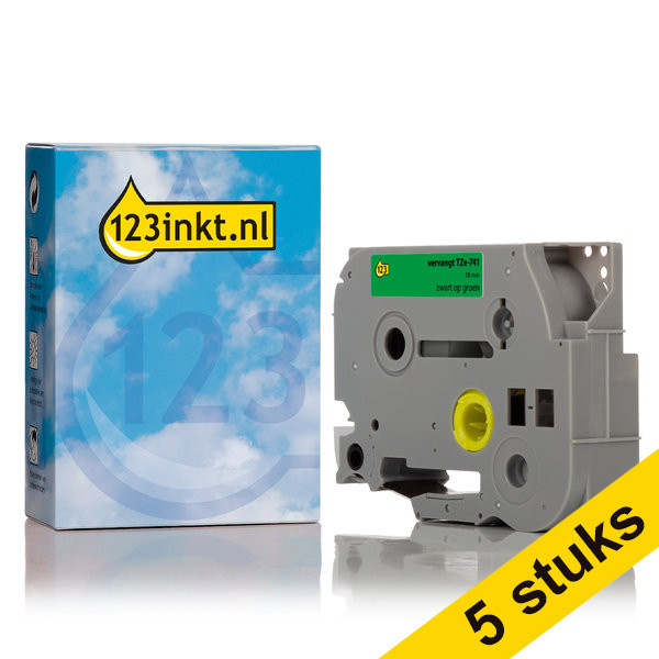 Aanbieding: 123inkt huismerk vervangt 5x Brother TZe-741 tape zwart op groen 18 mm TZe741C 650704 - 1