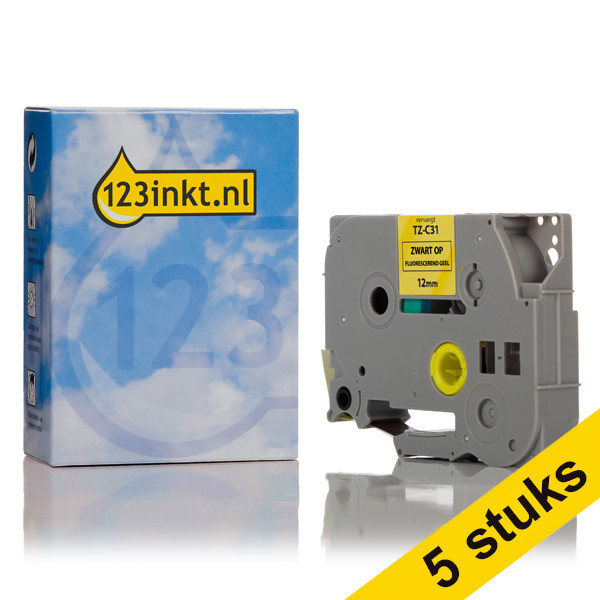 Aanbieding: 123inkt huismerk vervangt 5x Brother TZe-C31 tape zwart op fluorescerend geel 12 mm  650677 - 1