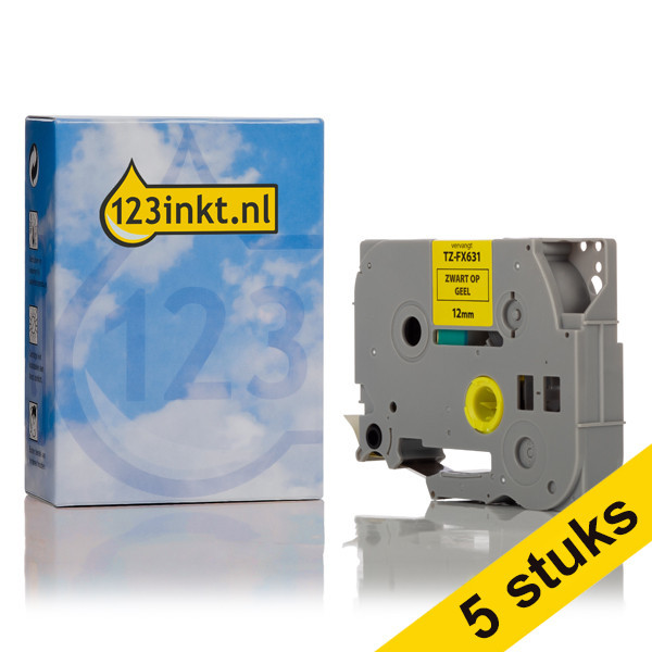 Aanbieding: 123inkt huismerk vervangt 5x Brother TZe-FX631 Flexi ID tape zwart op geel 12 mm TZeFX631C 650669 - 1