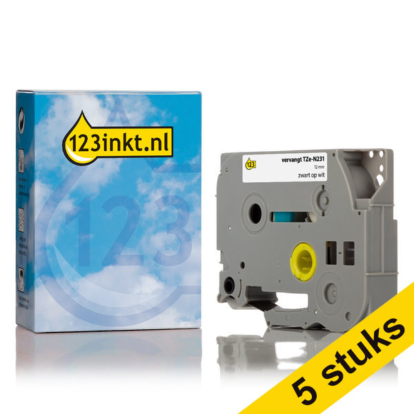 Aanbieding: 123inkt huismerk vervangt 5x Brother TZe-N231 tape zwart op wit 12 mm  650688 - 1