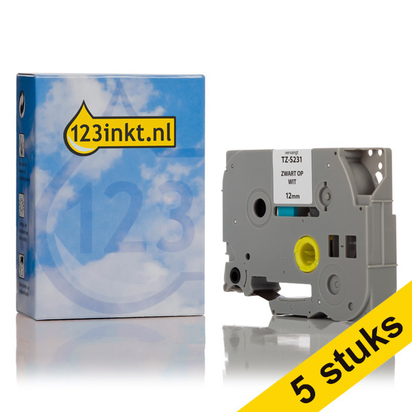 Aanbieding: 123inkt huismerk vervangt 5x Brother TZe-S231 extra klevend tape zwart op wit 12 mm  650623 - 1