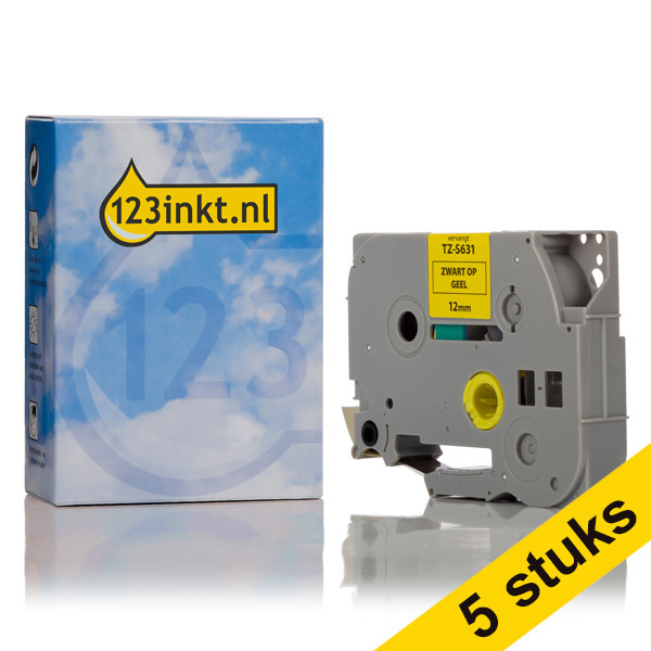 Aanbieding: 123inkt huismerk vervangt 5x Brother TZe-S631 extra klevend tape zwart op geel 12 mm TZeS631C 650658 - 1