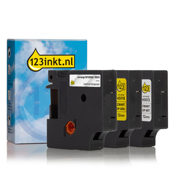 Aanbieding: 123inkt huismerk vervangt Dymo D1 12 mm tape multipack (zwart op wit, zwart op transparant en zwart op geel) S0720500C S0720530C S0720580C 089225 - 1