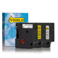 Aanbieding: 123inkt huismerk vervangt Dymo D1 12 mm tape multipack (zwart op wit, zwart op transparant en zwart op geel)