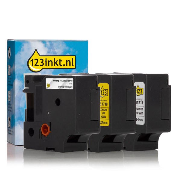 Aanbieding: 123inkt huismerk vervangt Dymo D1 24 mm tape multipack (zwart op wit, zwart op geel en zwart op transparant) S0720920C S0720930C S0720980C 089227 - 1