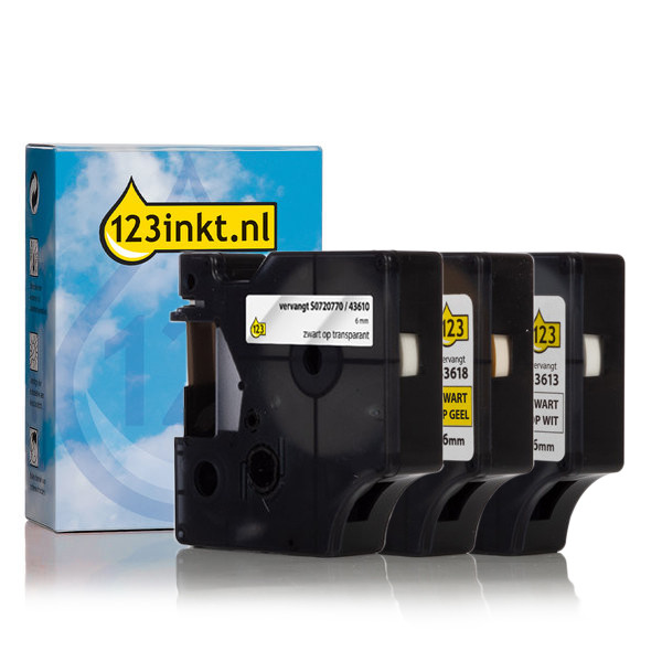 Aanbieding: 123inkt huismerk vervangt Dymo D1 6 mm tape multipack (zwart op wit, zwart op transparant en zwart op geel)  089228 - 1