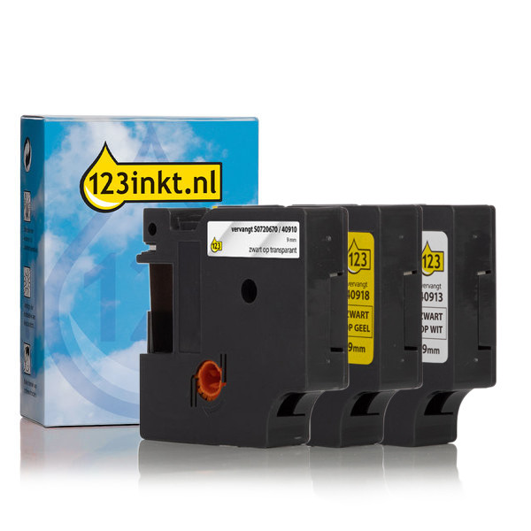 Aanbieding: 123inkt huismerk vervangt Dymo D1 9 mm tape multipack (zwart op wit, zwart op transparant en zwart op geel) S0720670C S0720680C S0720730C 089229 - 1