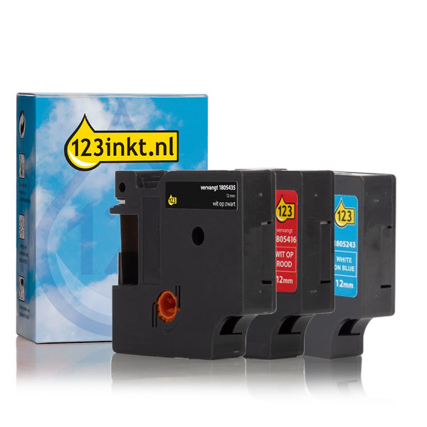 Aanbieding: 123inkt huismerk vervangt Dymo IND Rhino 12 mm tape vinyl multipack (wit op zwart, wit op rood en wit op blauw) 1805243C 1805416C 1805435C 089233 - 1