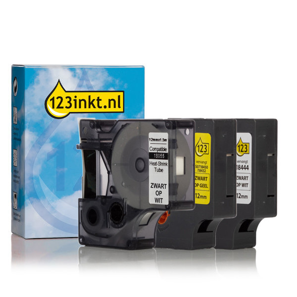 Aanbieding: 123inkt huismerk vervangt Dymo IND Rhino 12 mm tape vinyl multipack (zwart op wit, zwart op geel en krimpkous zwart op wit) 18055C 18432C 18444C 089230 - 1