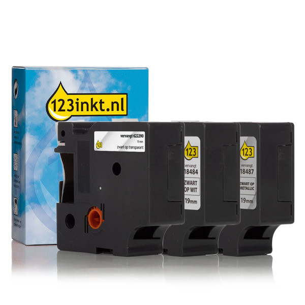 Aanbieding: 123inkt huismerk vervangt Dymo IND Rhino 19 mm tape permanent polyester multipack (zwart op wit, zwart op transparant en zwart op metallic) 18484C 18487C 622290C 089236 - 1