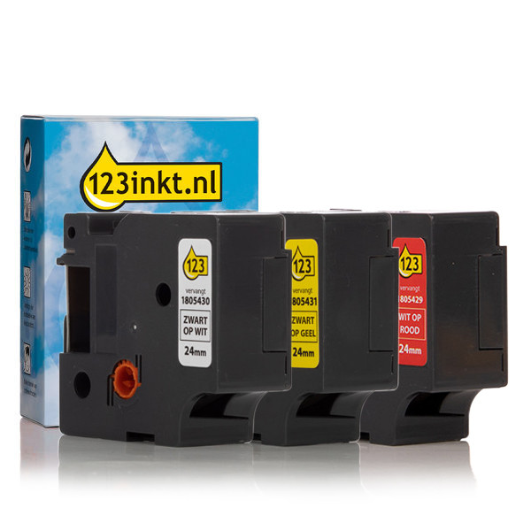 Aanbieding: 123inkt huismerk vervangt Dymo IND Rhino 24 mm tape vinyl multipack (zwart op wit, zwart op geel en wit op rood) 1805429C 1805430C 1805431C 089240 - 1