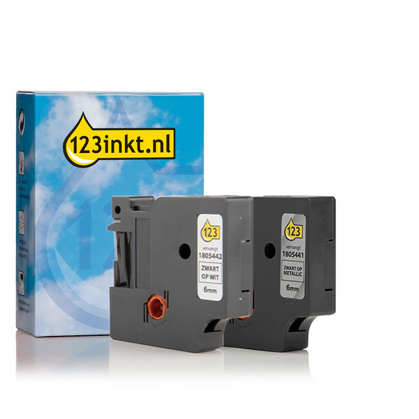 Aanbieding: 123inkt huismerk vervangt Dymo IND Rhino 6 mm tape permanent polyester multipack (zwart op wit en zwart op metallic) 1805441C 1805442C 089242 - 1