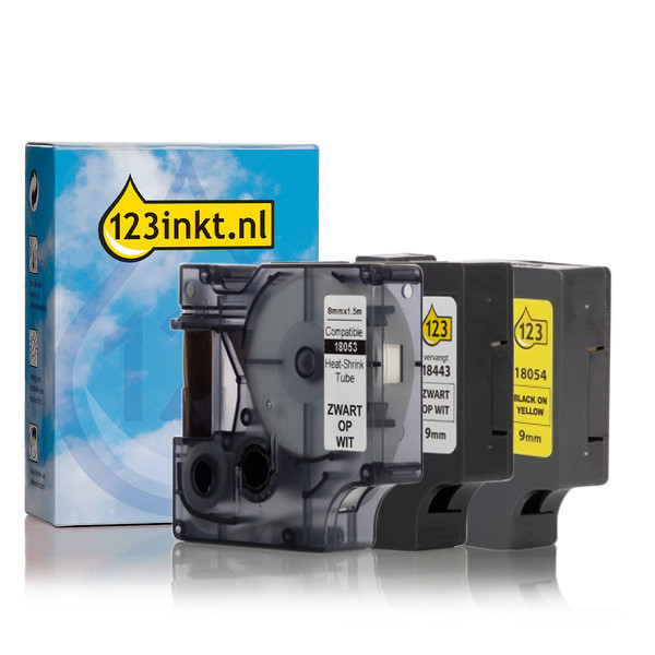 Aanbieding: 123inkt huismerk vervangt Dymo IND Rhino 9 mm tape vinyl multipack (zwart op wit, krimpkous zwart op wit en krimpkous zwart op geel) 18053C 18054C 18443C 089243 - 1