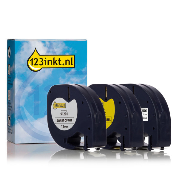 Aanbieding: 123inkt huismerk vervangt Dymo Letratag 12 mm tape multipack (wit, transparant en geel)  089245 - 1
