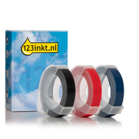 Aanbieding: 2x 123inkt huismerk vervangt Dymo 9 mm reliëftape multipack (wit op zwart wit op rood en wit op blauw)