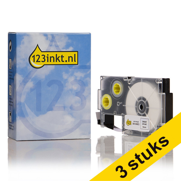 Aanbieding: 3x Casio XR-9WE1 tape zwart op wit 9 mm (123inkt huismerk) XR9WE1C 056240 - 1
