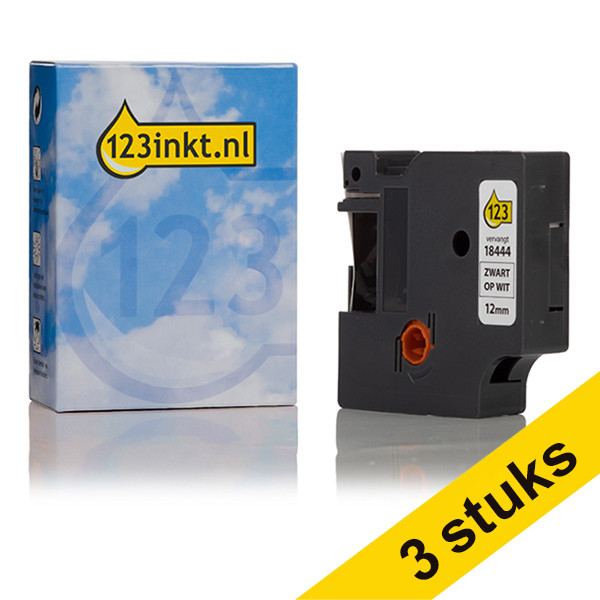 Aanbieding: 3x Dymo S0718600 / 18444 IND Rhino tape vinyl zwart op wit 12 mm (123inkt huismerk) 089284 - 1