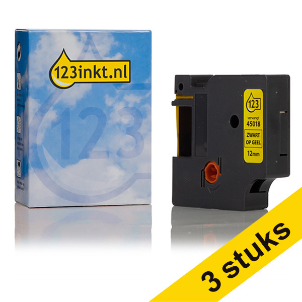 Aanbieding: 3x Dymo S0720580 / 45018 tape zwart op geel 12 mm (123inkt huismerk) 089283 - 1