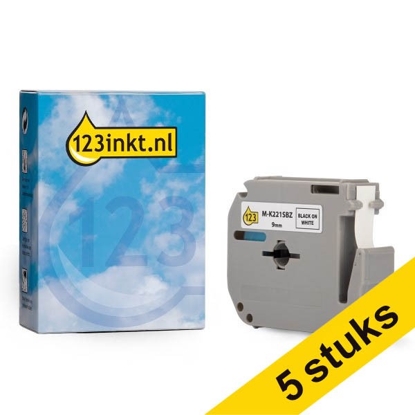 Aanbieding: 5x 123inkt huismerk vervangt Brother M-K221SBZ niet-gelamineerde tape zwart op wit 9 mm 653073 - 1